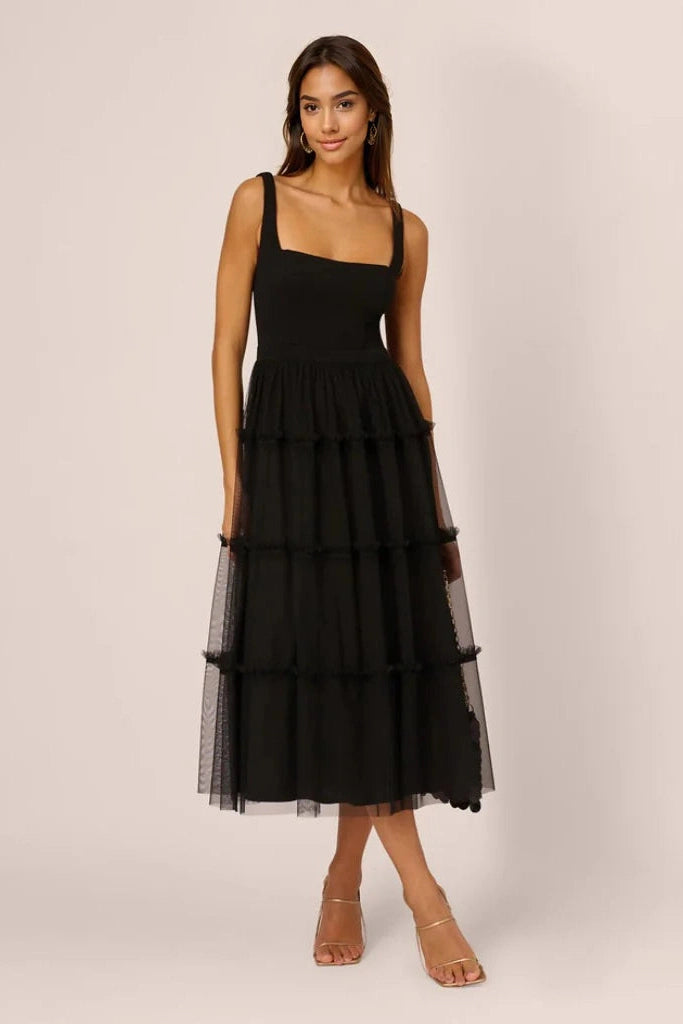 Chiffon DressSleeveless Midi Dress With Square Neck And Tiered Skirt In Black