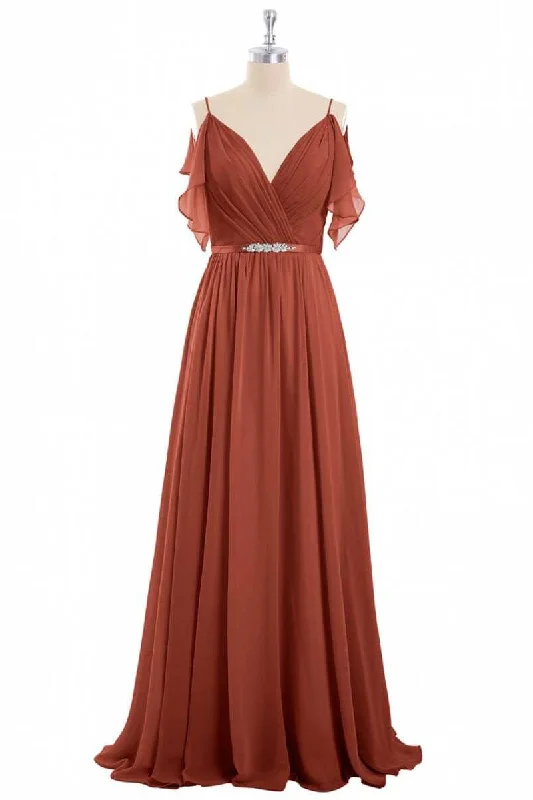 Casual DressRust Orange Chiffon Cold-Shoulder Long Bridesmaid Dress