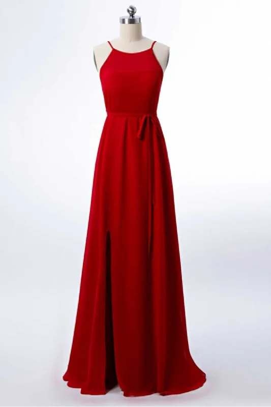 women's lightweight dressesRed Chiffon Spaghetti Straps Backless A-Line Bridesmaid Dress with Slit