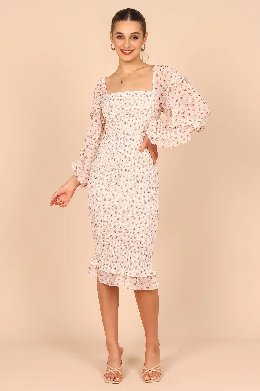 Asymmetric DressBonita Shirred Frill Long Sleeve Bodycon Midi Dress - Cream Floral