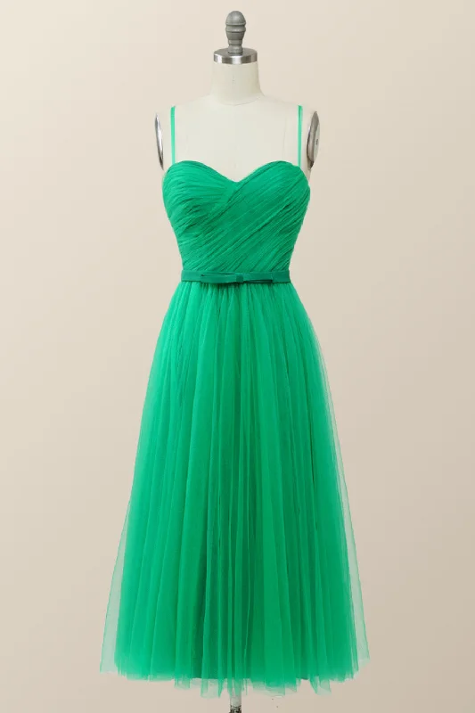 women's trendy dressesSpaghetti Straps Green Tulle Midi Dress