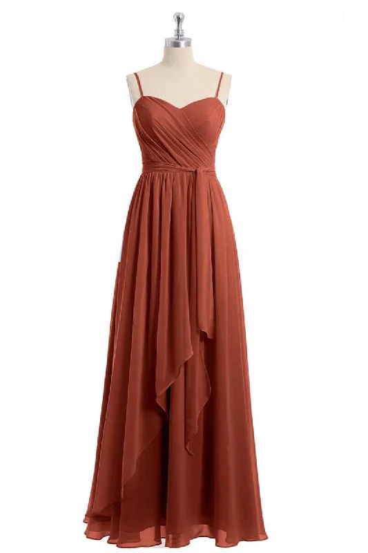 women's bespoke dressesRust Orange Spaghetti Straps Sweetheart Ruffled Long Bridesmaid Dress