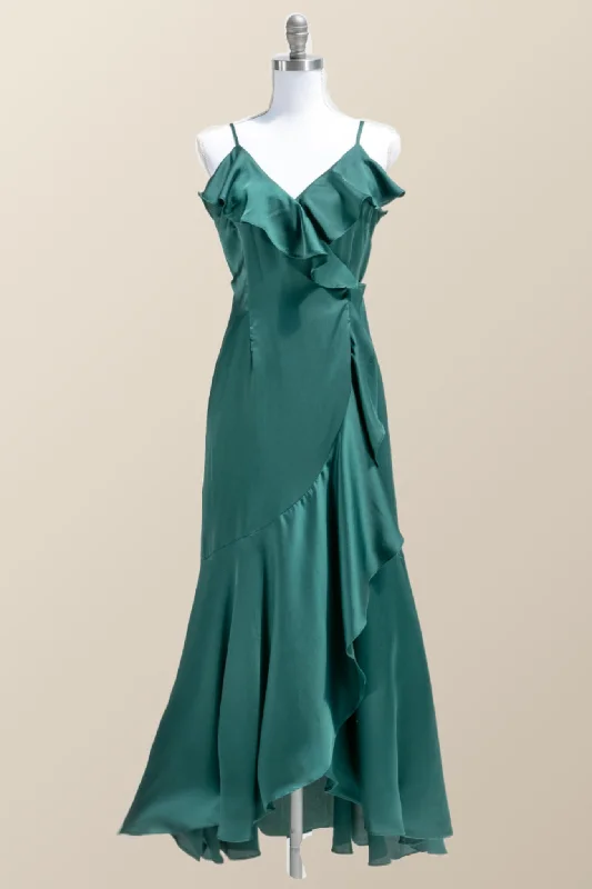 women's custom dressesStraps Green Ruffles Wrap Midi Party Dress