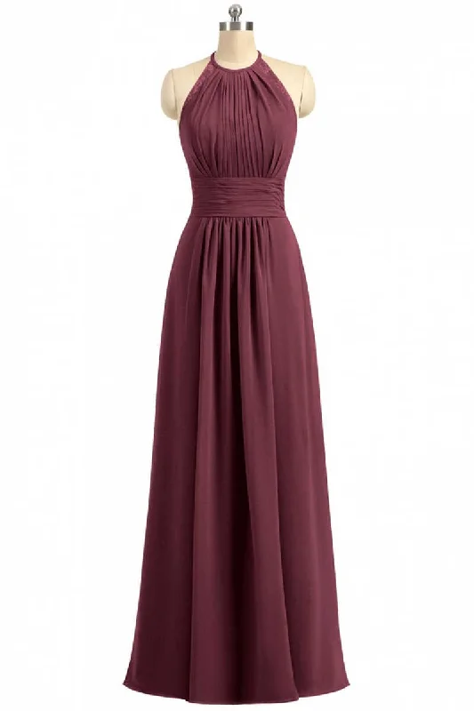 women's affordable dressesBurgundy Chiffon Halter Long Bridesmaid Dress with Lace Strap