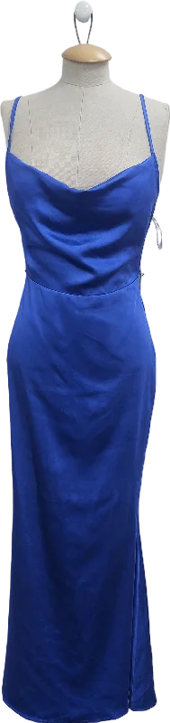 women's checkered dressesClub L Blue Satin Cowl Neck Maxi Dress With Cross Back UK 6