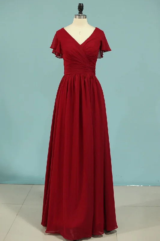 Embellished DressRed Chiffon V-Neck Ruffled A-Line Long Bridesmaid Dress