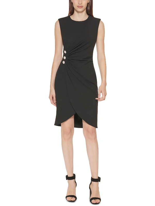 Body-Hugging DressPetites Womens Scuba Faux-Wrap Mini Sheath Dress