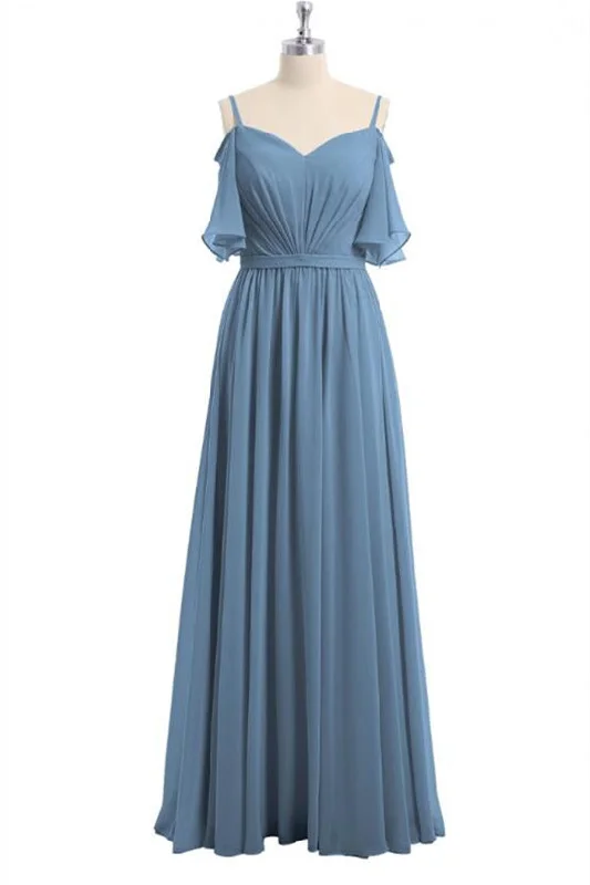 women's stylish dressesDusty Blue Chiffon Cold-Shoulder A-Line Bridesmaid Dress