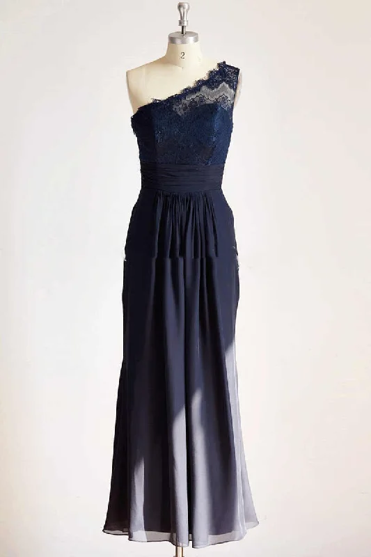 Crepe DressOne-Shoulder Navy Blue Lace Long Bridesmaid Dress