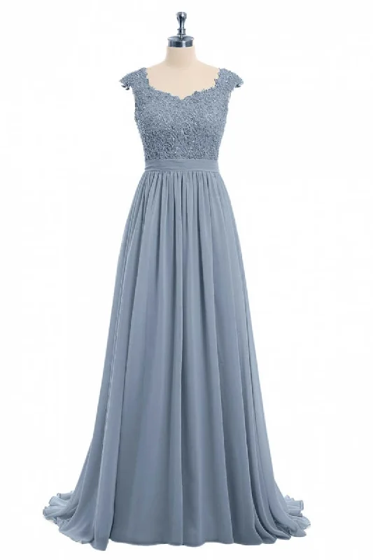 women's vacation dressesDusty Blue Lace Cap Sleeve A-Line Floor-Length Bridesmaid Dress