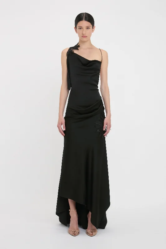 Zip-Up DressAsymmetric Draped Cami Gown In Black