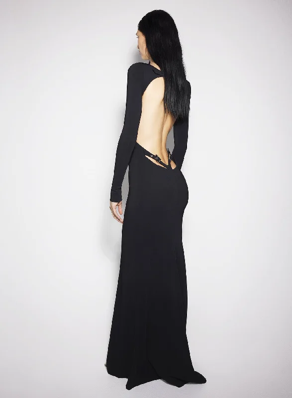 women's maxi dressesblack backless buckled crepe gown