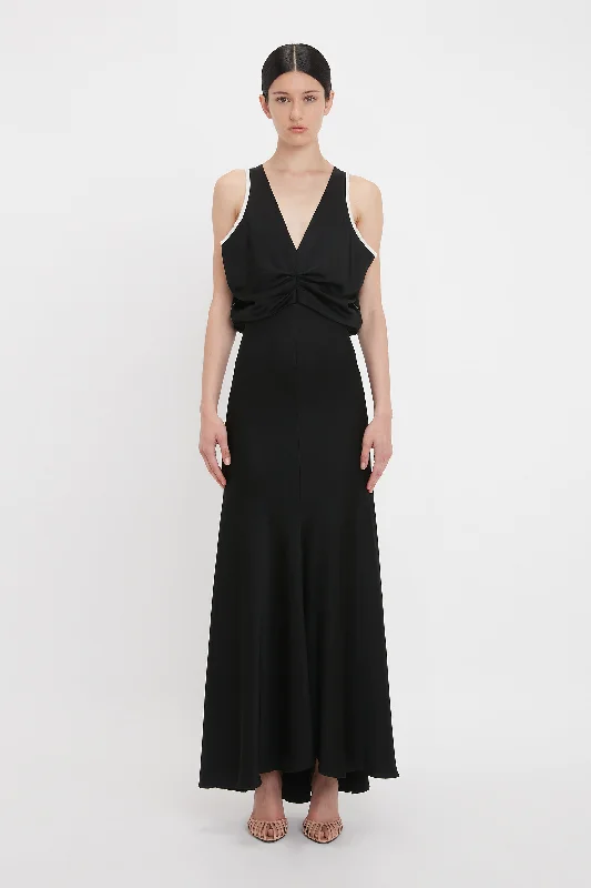 Flowy DressDraped Armhole Detail V-Neck Gown In Black