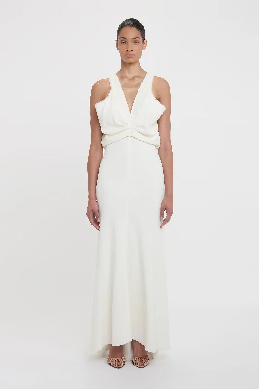 Tiered DressDraped Armhole Detail V-Neck Gown In Ivory