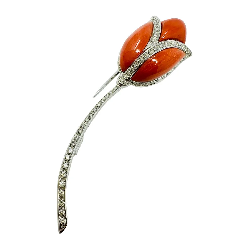 Trumpet DressGaravelli 18K White Gold Flower Pin with Coral and Diamonds