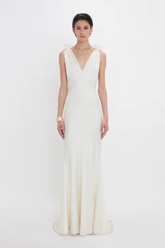 Gathered Shoulder Floor-Length Cami Gown In Ivory