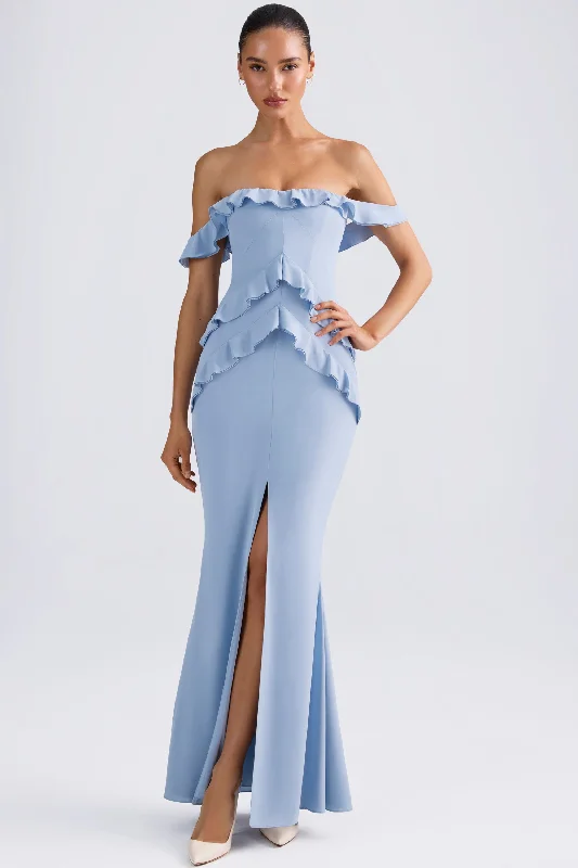 Floral DressOff-Shoulder Ruffle-Trim Gown in Light Blue