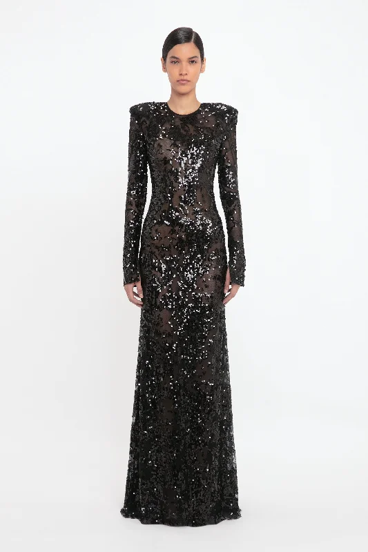 Satin DressLong Sleeve Backless Sequin Gown In Black