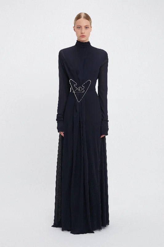 Cheetah Print DressLong Sleeve Draped Jersey Floor-Length Gown In Ink Blue