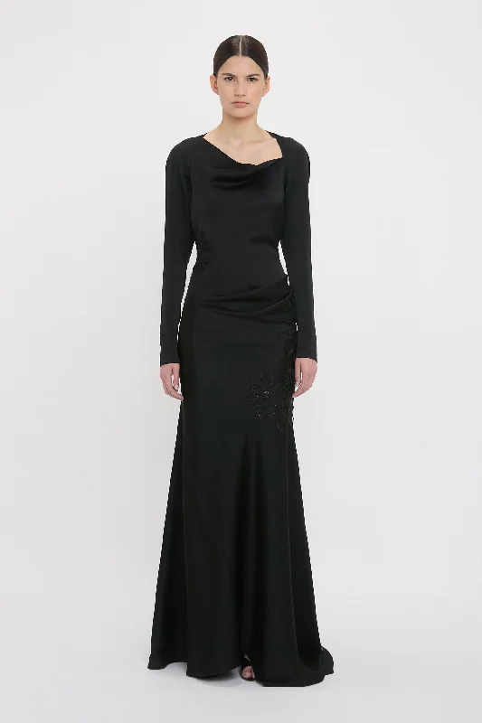 Velvet DressLong Sleeve Lace Applique Floor-Length Gown In Black