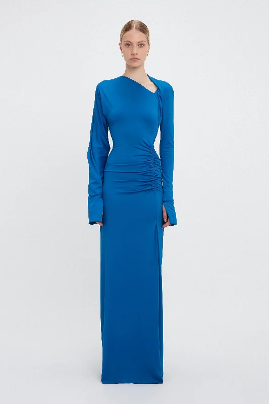 women's bodycon dressesLong Sleeve Slash-Neck Jersey Floor-Length Gown In Ocean Blue