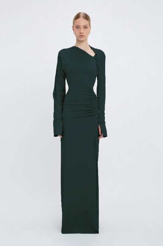 Long Sleeve Slash-Neck Jersey Floor-Length Gown In Seaweed