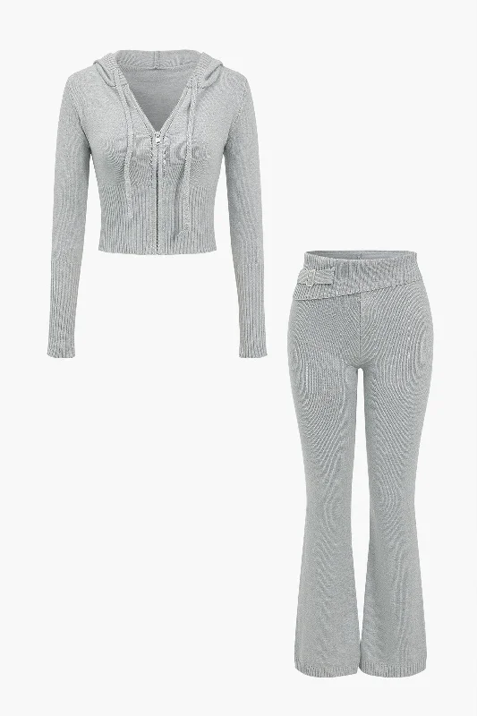 Beaded DressSolid Knit Hooded Top And Asymmetrical Pants Set