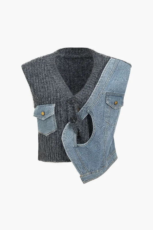 women's bridesmaid dressesDenim Patchwork  Asymmetrical Sweater Vest