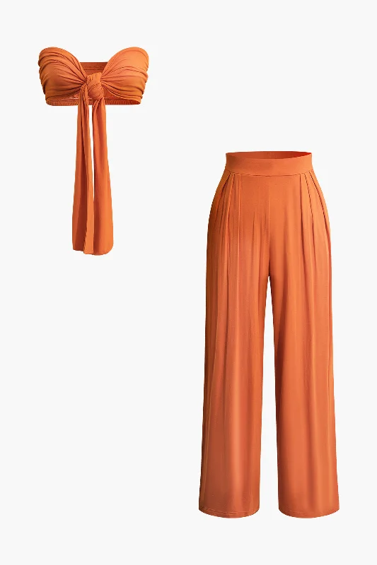 Halter DressTie Knot Front Ruched Tube Top And Pleated Wide Leg Pants