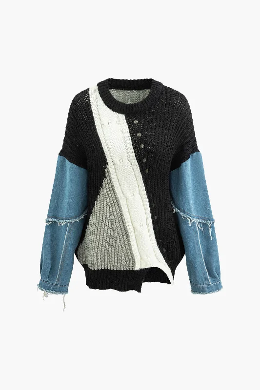 Silk DressContrast Denim Stitching Round Neck Sweater