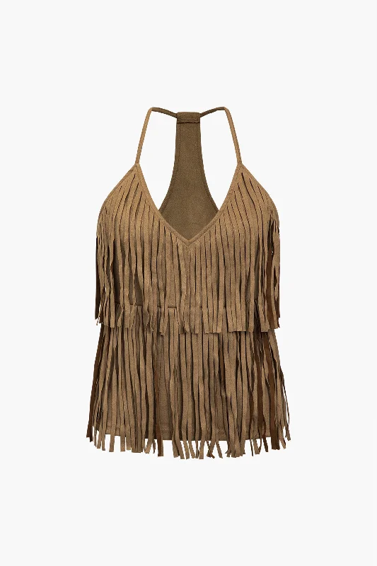 women's prom dressesSolid Suede Fringe V-Neck Double Layer Cami Top