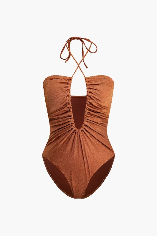 women's fashionable dressesTummy Control Tie Halter Ruched One-Piece Swimsuit