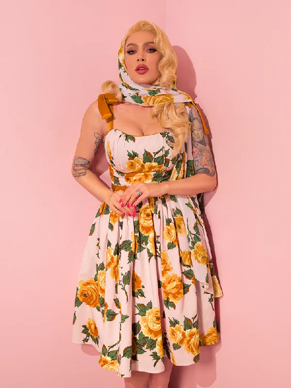 women's cocktail dresses1950s Swing Sundress and Scarf in Yellow Vintage Roses - Vixen by Micheline Pitt