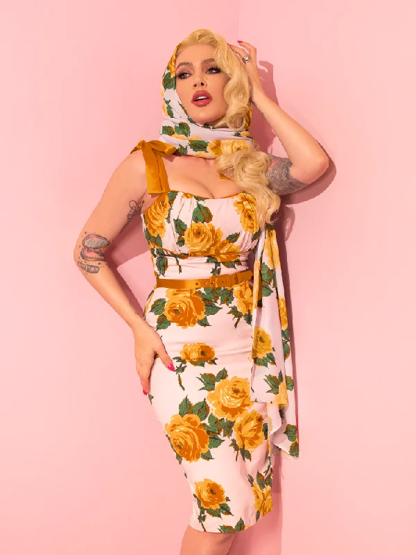 women's wrap dresses1950s Wiggle Sundress and Scarf in Yellow Vintage Roses - Vixen by Micheline Pitt