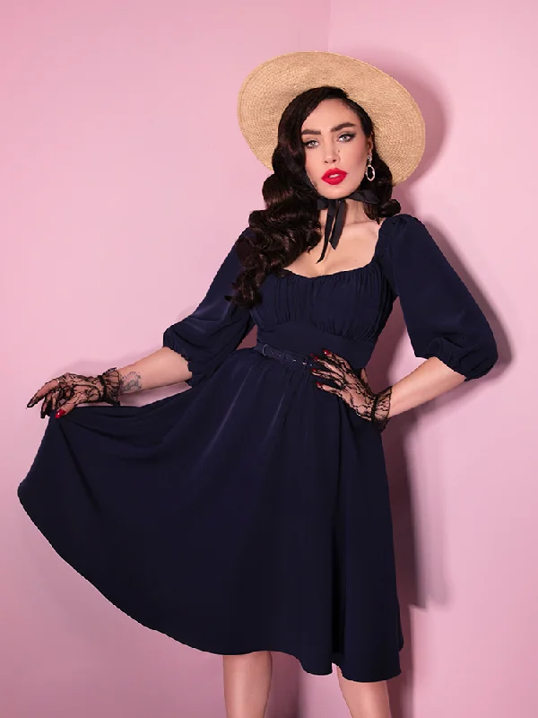 Tea-Length DressVacation Dress in Navy Blue - Vixen by Micheline Pitt