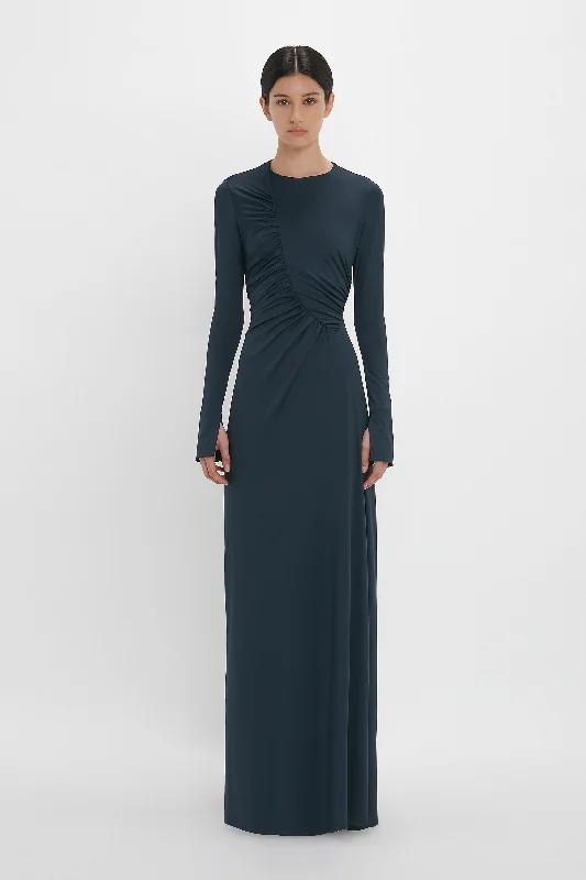 Short-Sleeve DressRuched Detail Floor-Length Gown In Midnight