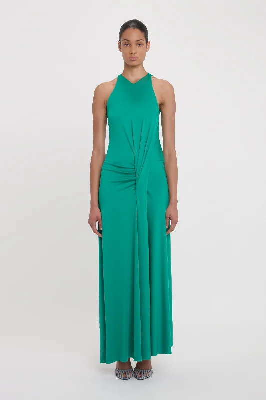 Sleeveless Drape Front Gown In Peacock