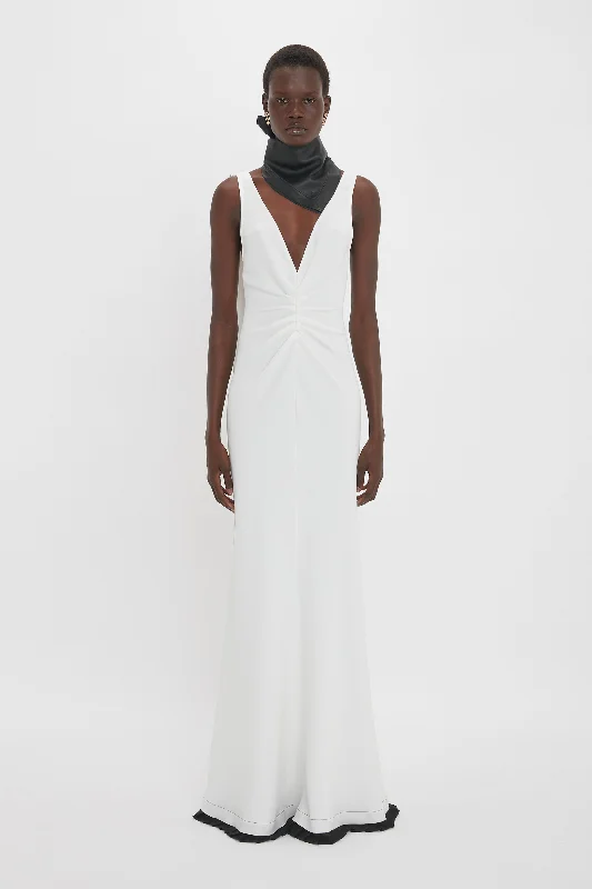 Exclusive V-Neck Gathered Waist Floor-Length Gown In Ivory