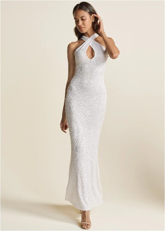 Sequin Keyhole Gown  - White