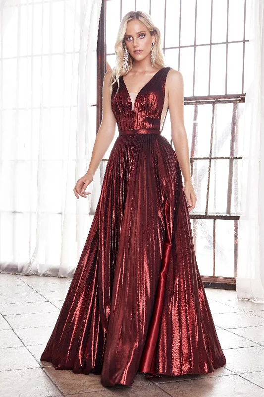 Laced DressCinderella Divine CD160 Long Formal Metallic Pleated Prom Dress