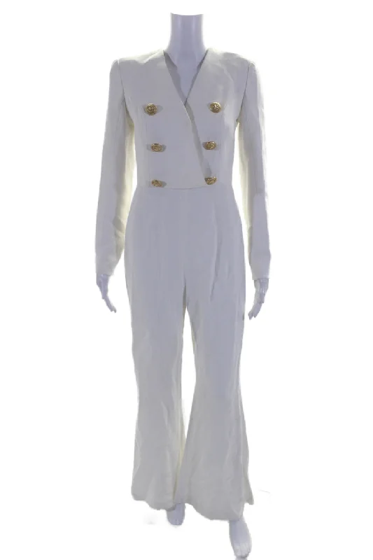 women's jumpsuits with pocketsBalmain Womens Long Sleeves V Neck Wide Leg Jumpsuit Ivory White