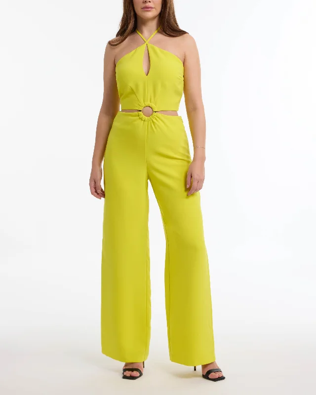 women's dressy jumpsuitsBEBE Women's Wide Leg Halter Jumpsuit with Keyhole Detail