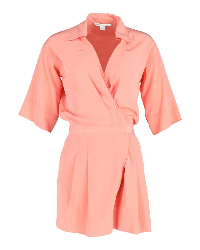 women's jumpsuits with bell sleevesDiane Von Furstenberg Wrap-Style Short Jumpsuit in Pink Silk