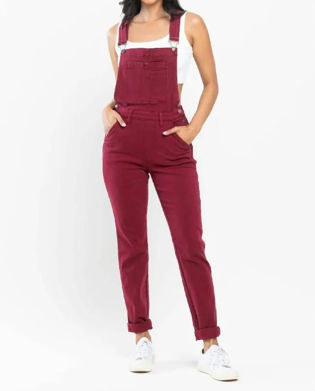 women's jumpsuits for tall womenDouble Cuff Boyfriend Overall Jumpsuit In Maroon