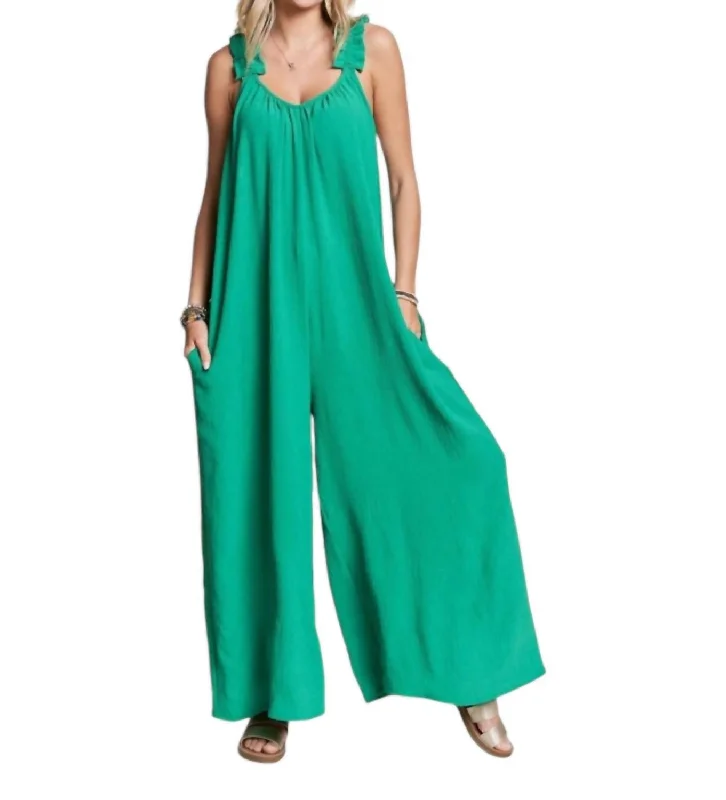 women's jumpsuits for hourglass figuresElastic Ruffle Shoulder Jumpsuit In Kelly Green