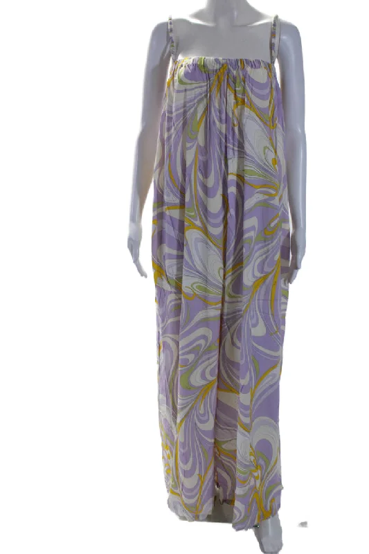 women's jumpsuits with pastel huesEmilio Pucci Womens Abstract Striped Ruched Strapped Jumpsuit Purple