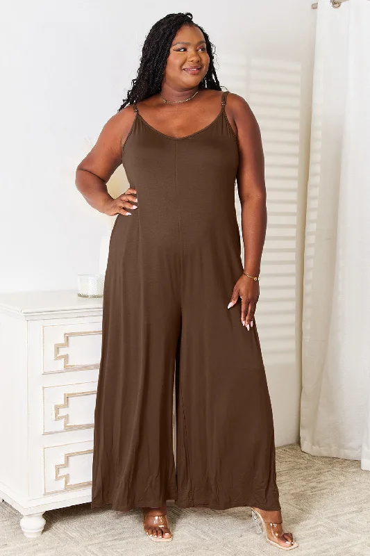 women's jumpsuits for pear-shaped bodiesFull Size Soft Rayon Spaghetti Strap Tied Wide Leg Jumpsuit