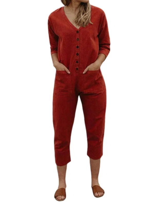 women's jumpsuits with cinched waistsMadder Button Front Jumpsuit In Red