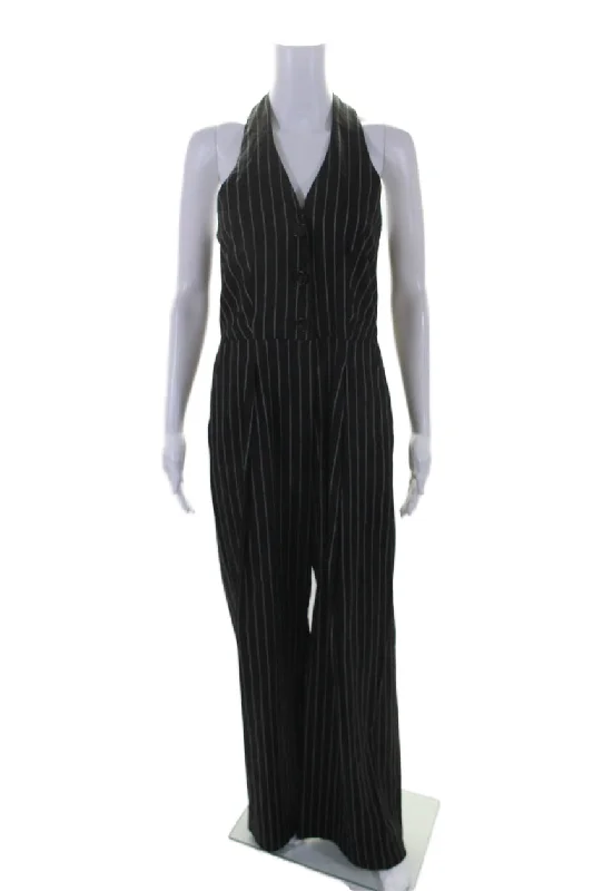 women's jumpsuits for pear-shaped bodiesMarella Womens Linen Striped Sleeveless Buttoned Straight Jumpsuit Black