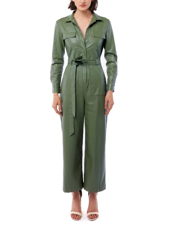 women's vintage jumpsuitsMeyer Faux Leather Jumpsuit In Olive